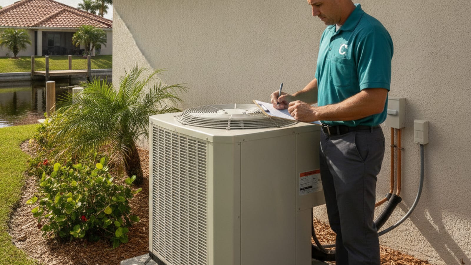 HVAC technician inspecting an outdoor AC unit during a four-point inspection at an Englewood home