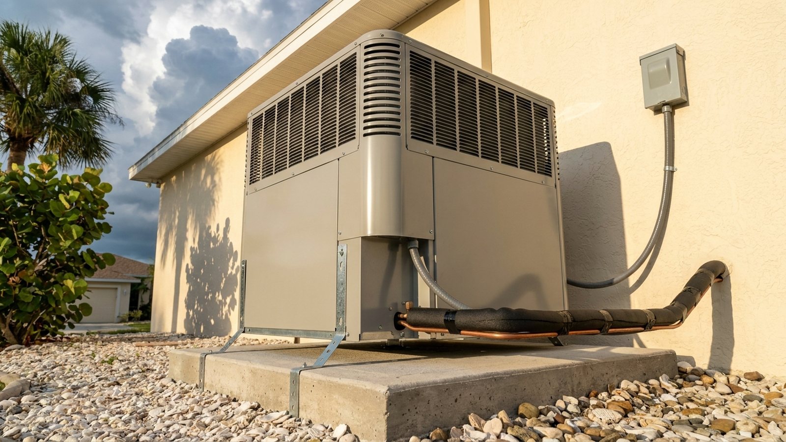 A new outdoor air conditioning condenser on an elevated concrete pad with galvanized hurricane tie-down straps beside a cream block and stucco Englewood home, a freshly insulated copper line set running from the service valve corner into the wall, an electrical whip to a wall disconnect, sea grape and sabal palm shadows on the stucco and summer storm clouds behind the roofline
