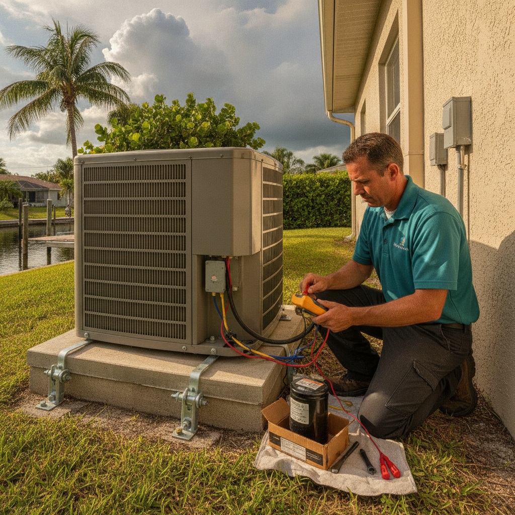 Outdoor AC condenser beside a southwest Florida ranch home with the fan sitting still in afternoon sun