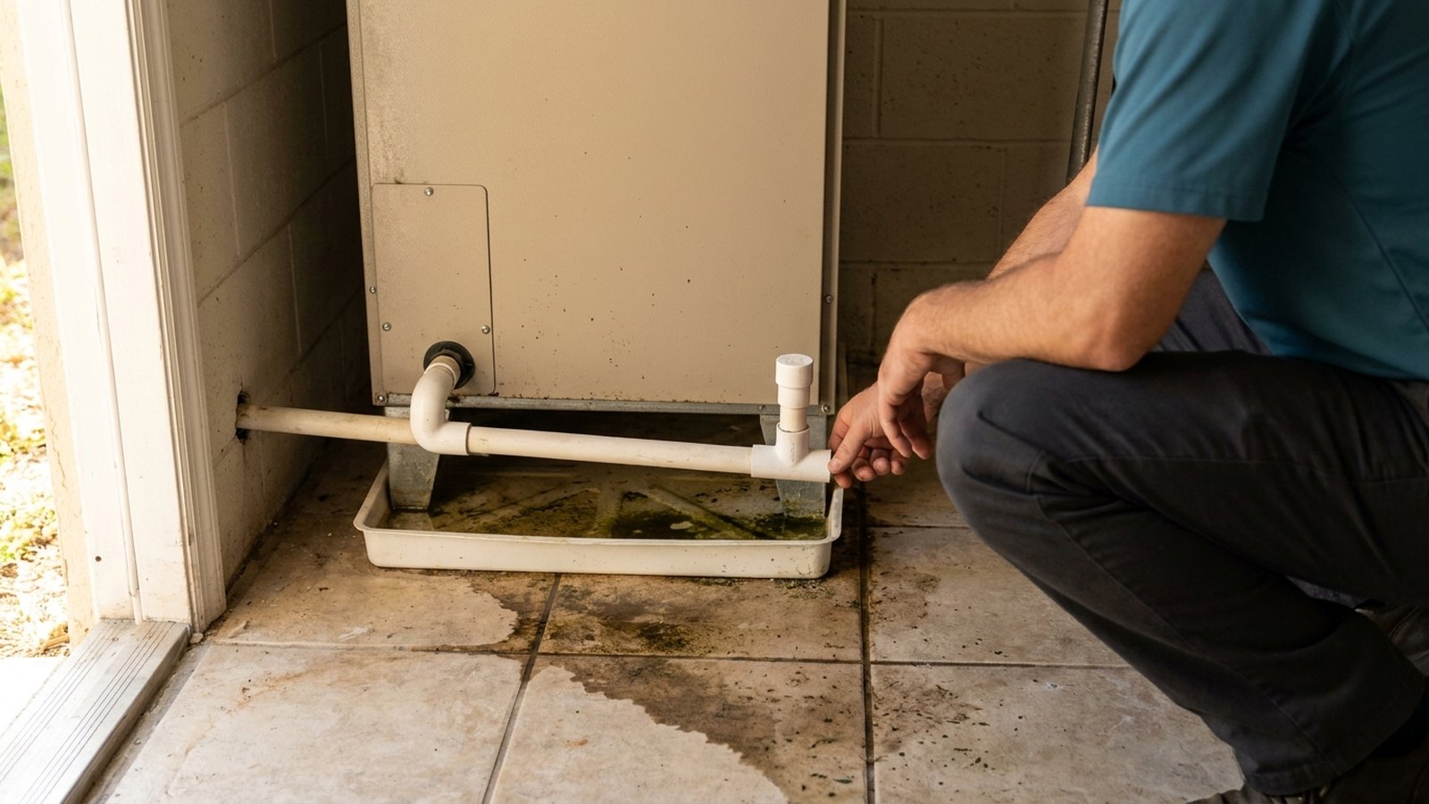Low view of the base of an indoor air handler in an Englewood home, with a white PVC condensate drain line and capped cleanout tee running into the wall, a shallow secondary drip pan holding standing algae-stained water, a damp stain across the floor tile, and an HVAC technician crouched at the right edge reaching toward the drain fitting
