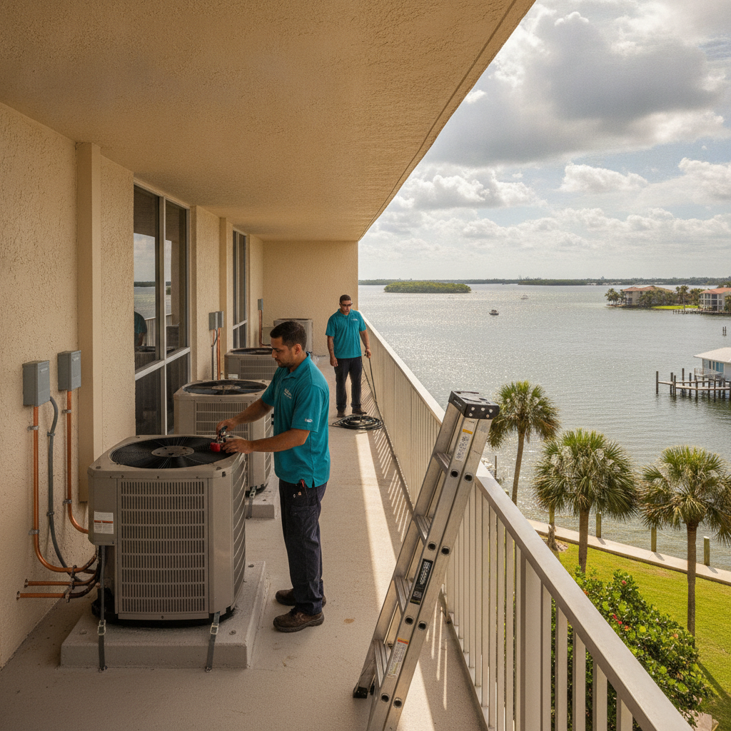 Punta Gorda mid-rise condo on Charlotte Harbor with outdoor AC condensers on a screened lanai