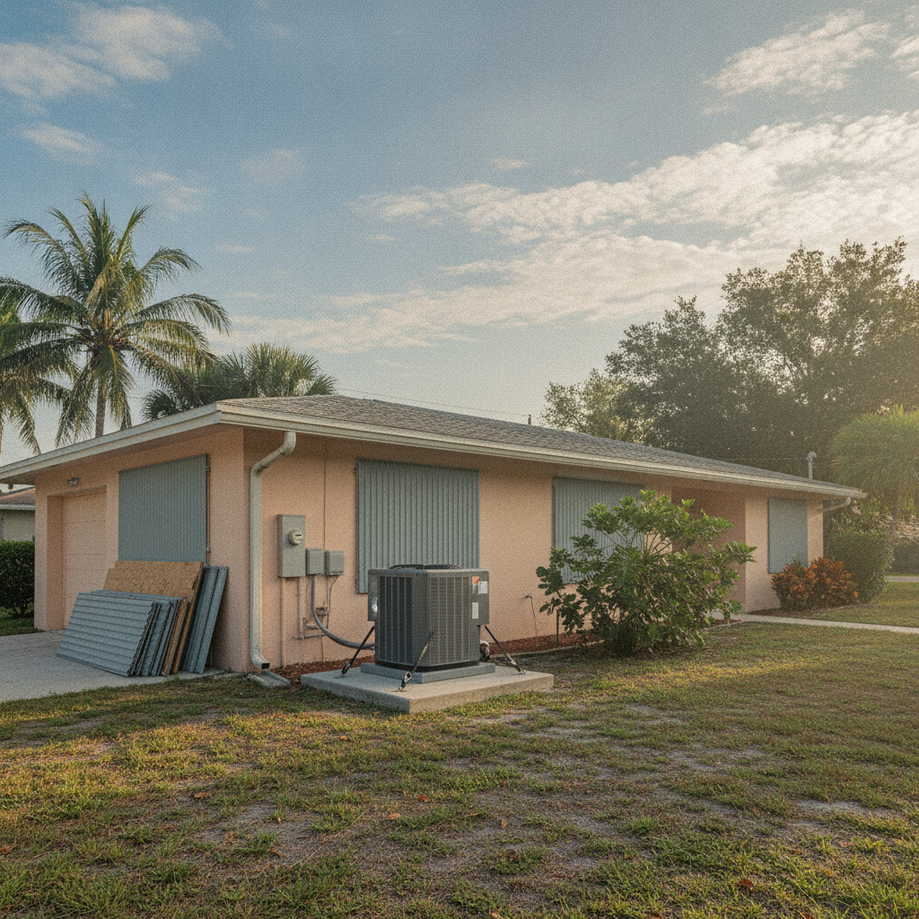 Closed-up 1980s ranch in Venice, Florida with a new outdoor AC condenser on a side-yard pad