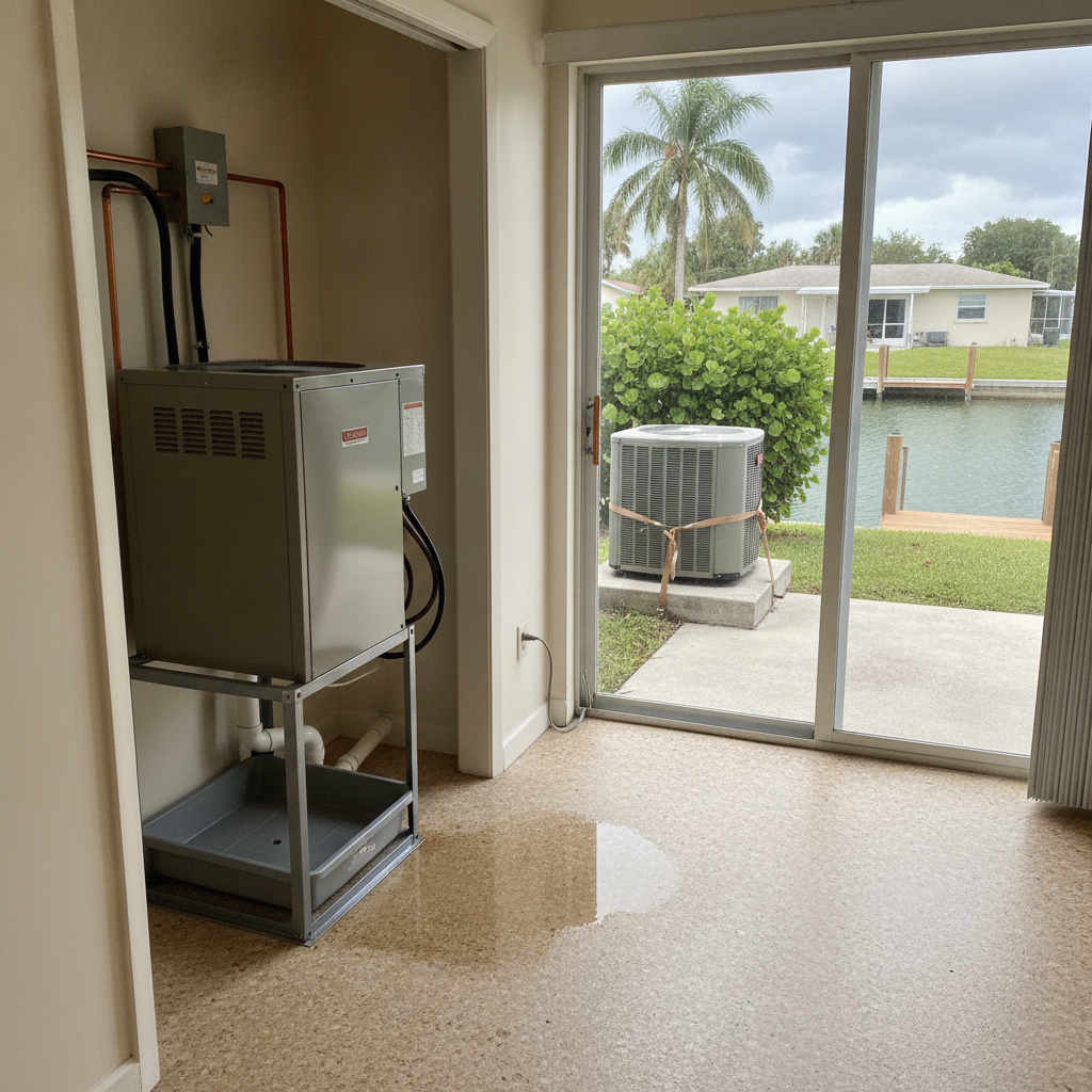 Closet air handler with a condensate pan and a small puddle on terrazzo in a Punta Gorda home