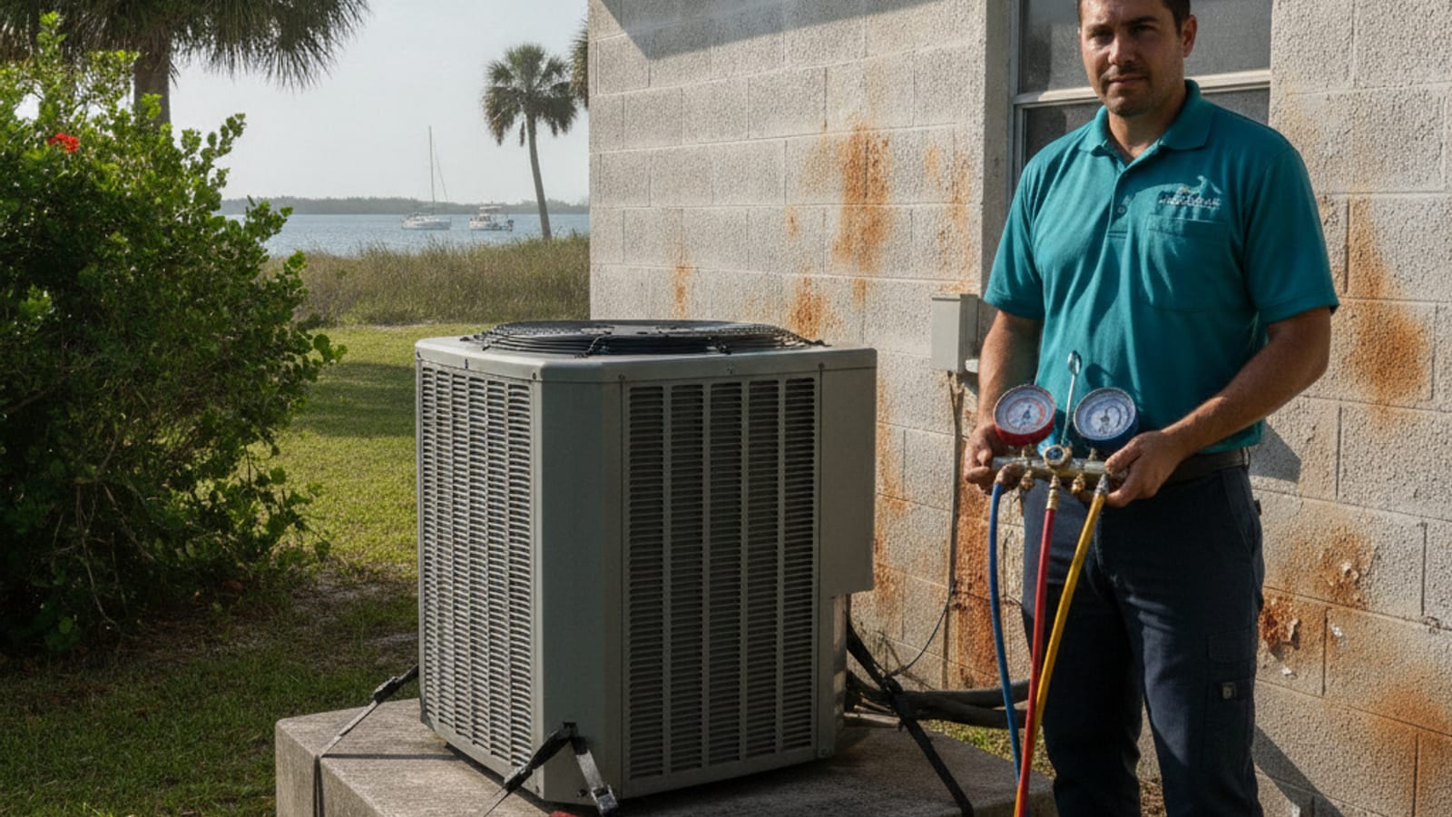 HVAC technician in storm teal uniform performing AC maintenance on a Placida barrier island home with salt air exposure