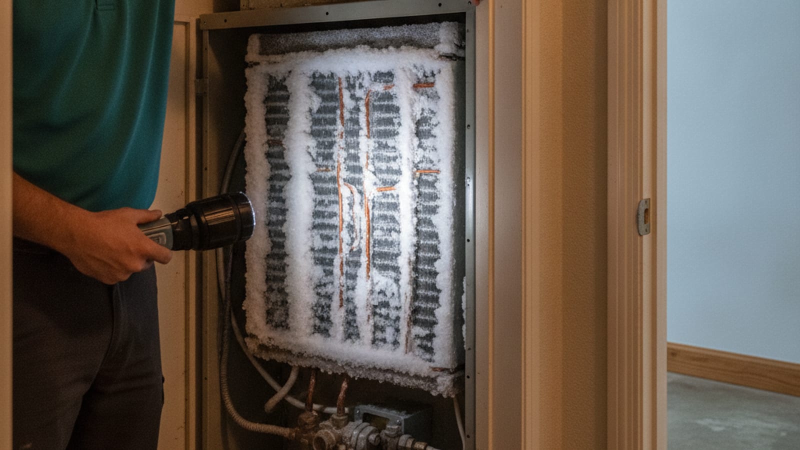 An HVAC technician inspecting a frozen ice covered evaporator coil inside an indoor air handler closet