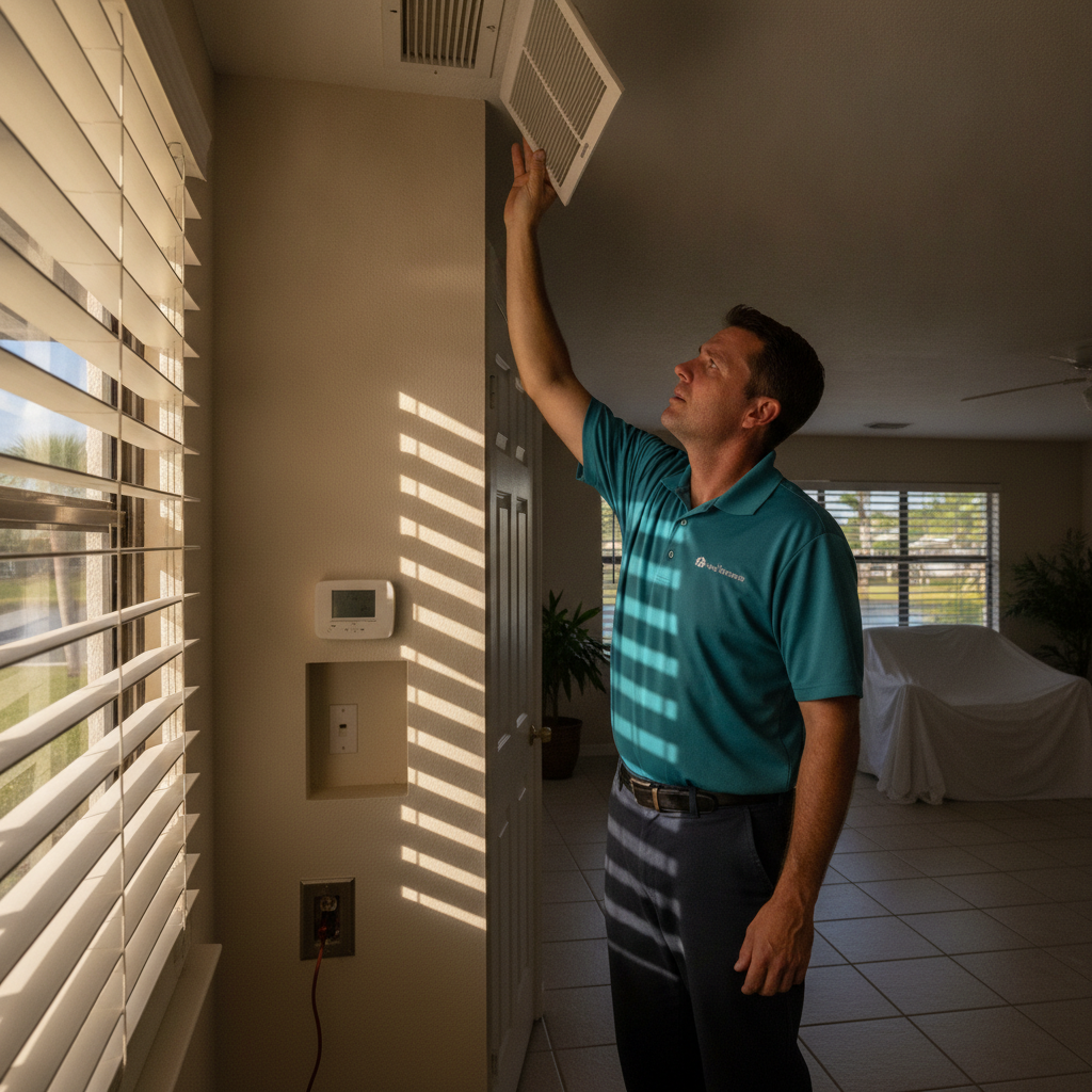 Homeowner checking a supply vent in a closed-up Venice ranch with sunlight through shutter gaps