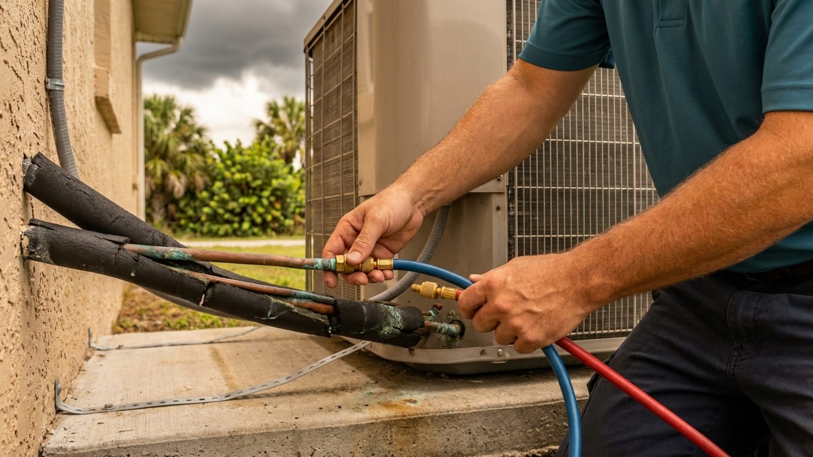 An HVAC technician connecting blue and red refrigerant charging hoses to the copper line set fittings at an outdoor air conditioning condenser beside a block and stucco Englewood home, with split insulation and corrosion visible on the copper