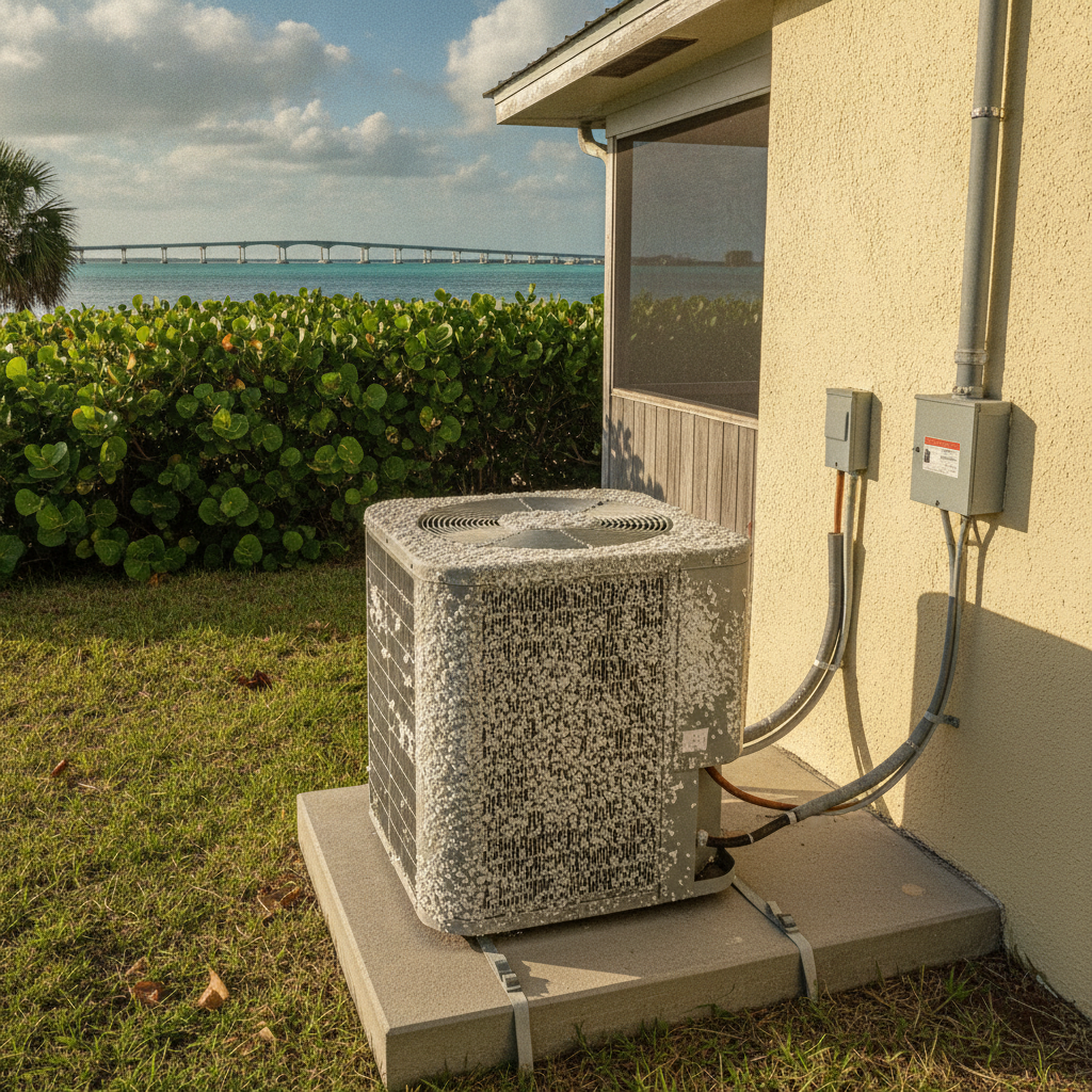 Boca Grande cottage condenser on a raised pad with salt crust on the fins