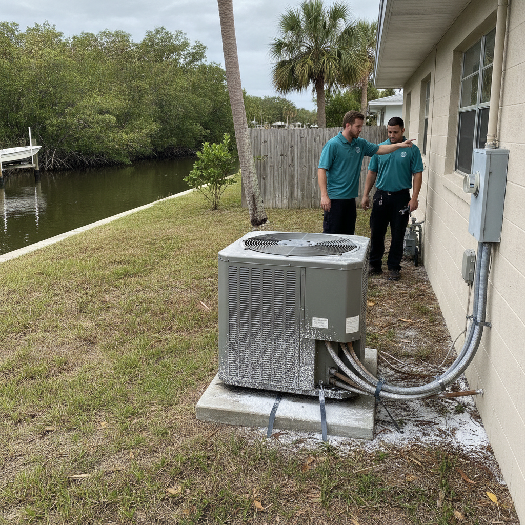 Block ranch on a Charlotte Harbor canal with an outdoor AC condenser on an uneven pad