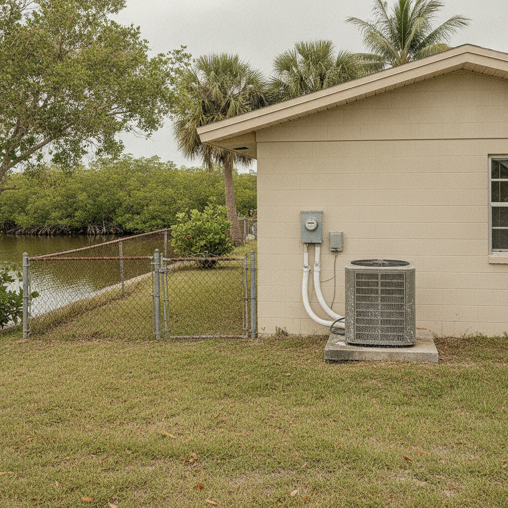 Small block ranch on a Myakka canal in El Jobean with an outdoor AC condenser on a low pad