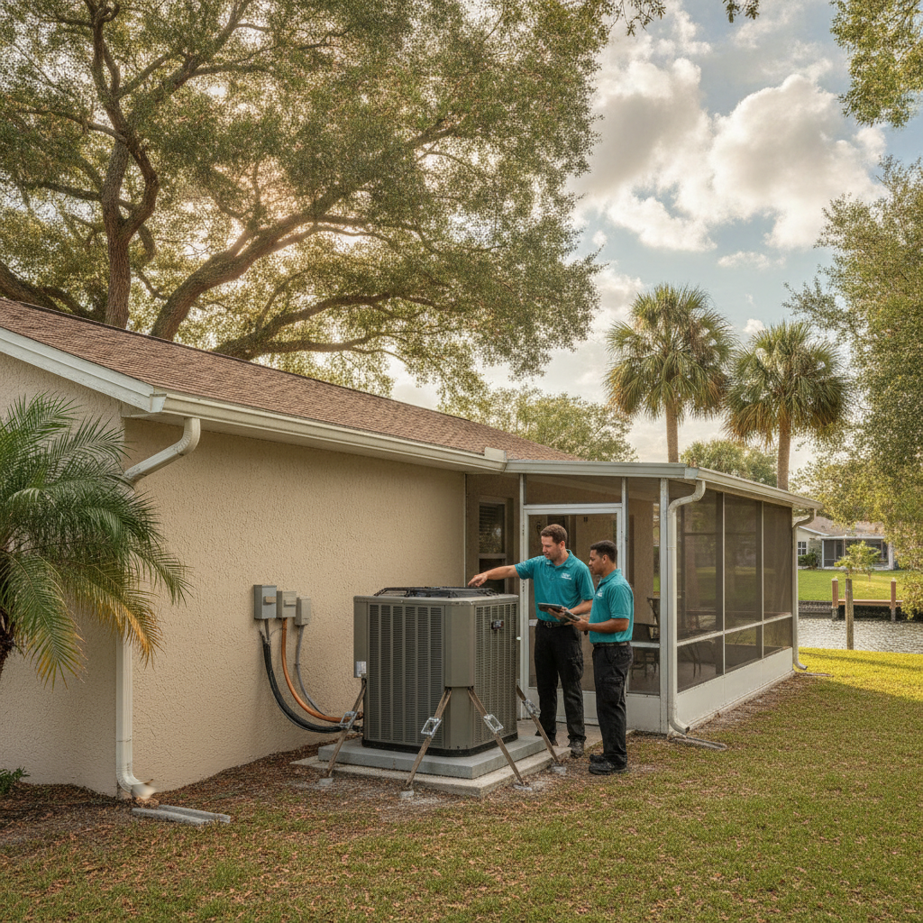 1980s stucco ranch in Laurel, Florida with an outdoor AC condenser beside a screened lanai