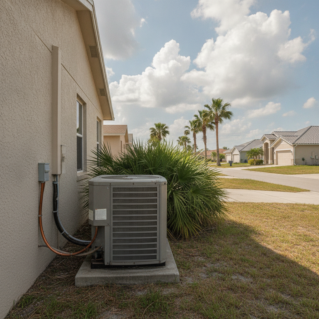 Aging outdoor AC unit beside a 1980s North Port stucco ranch, with newer roofs visible down the street