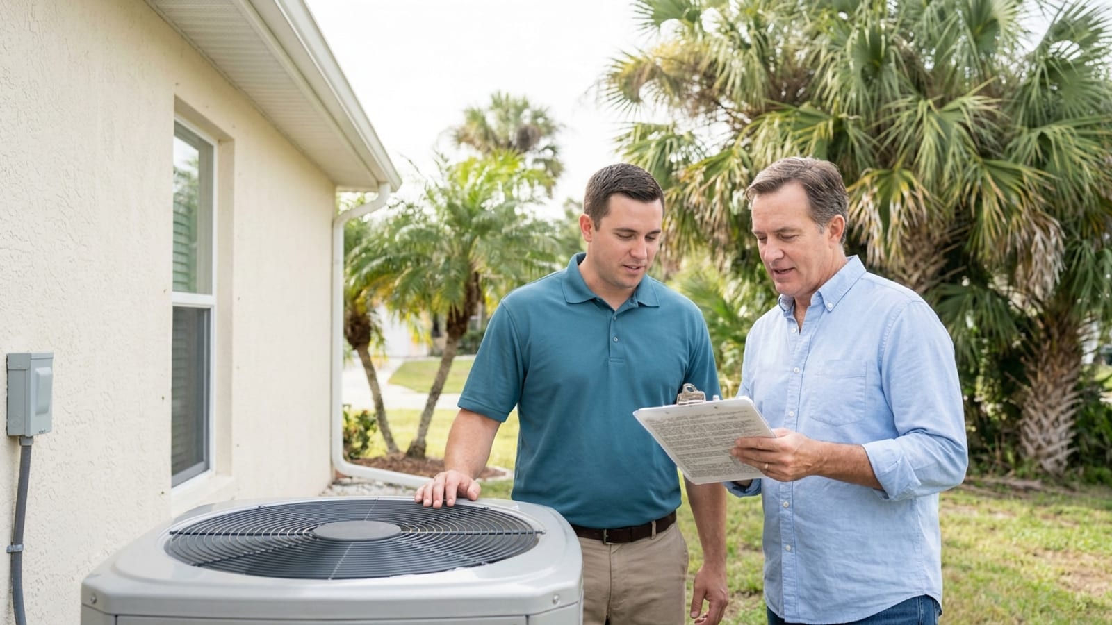 HVAC technician in a teal work polo and a homeowner reviewing permit paperwork beside an outdoor AC condenser at an Englewood Florida home