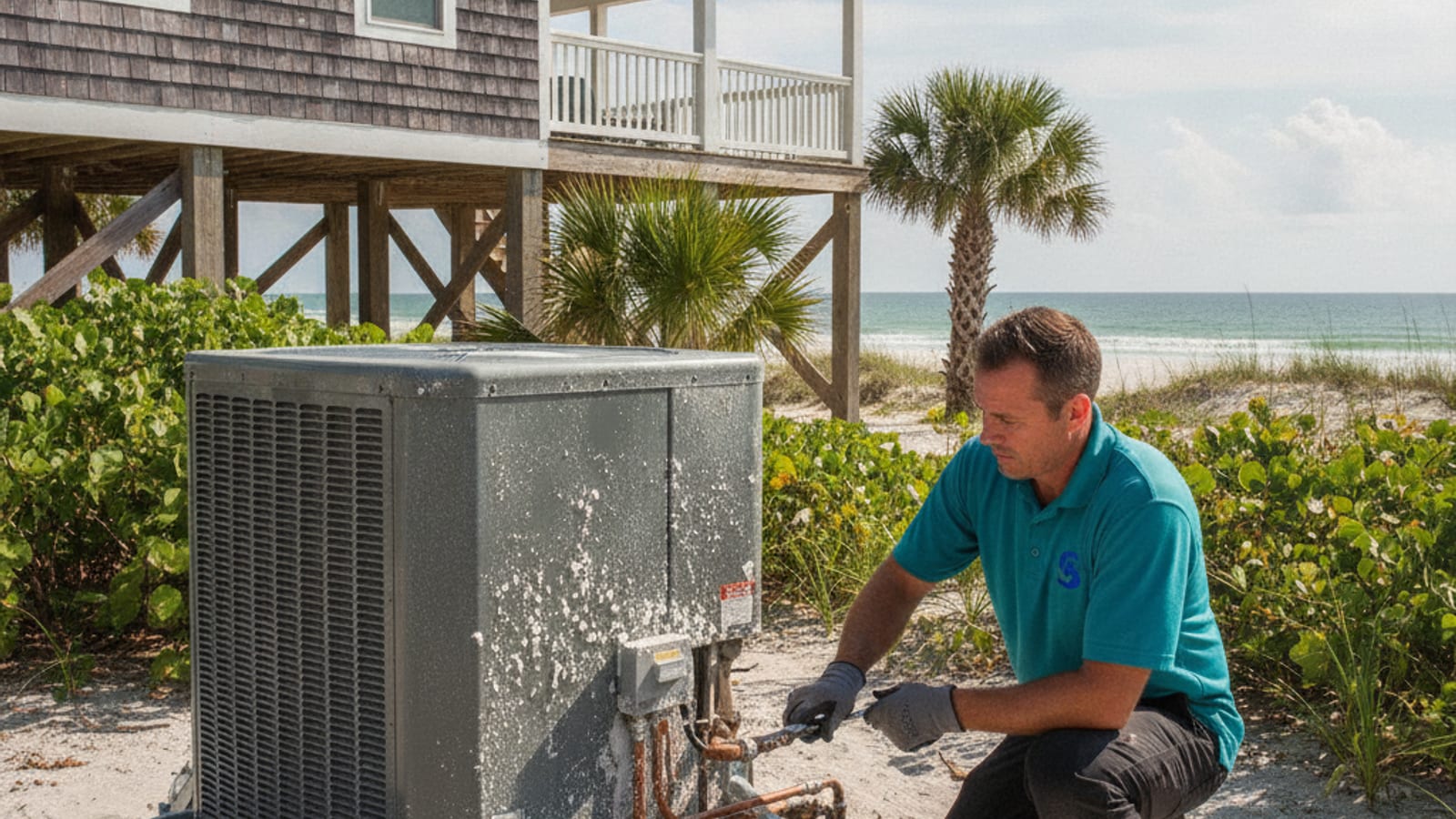 HVAC technician in storm teal uniform servicing an outdoor AC unit outside a beach home on Manasota Key