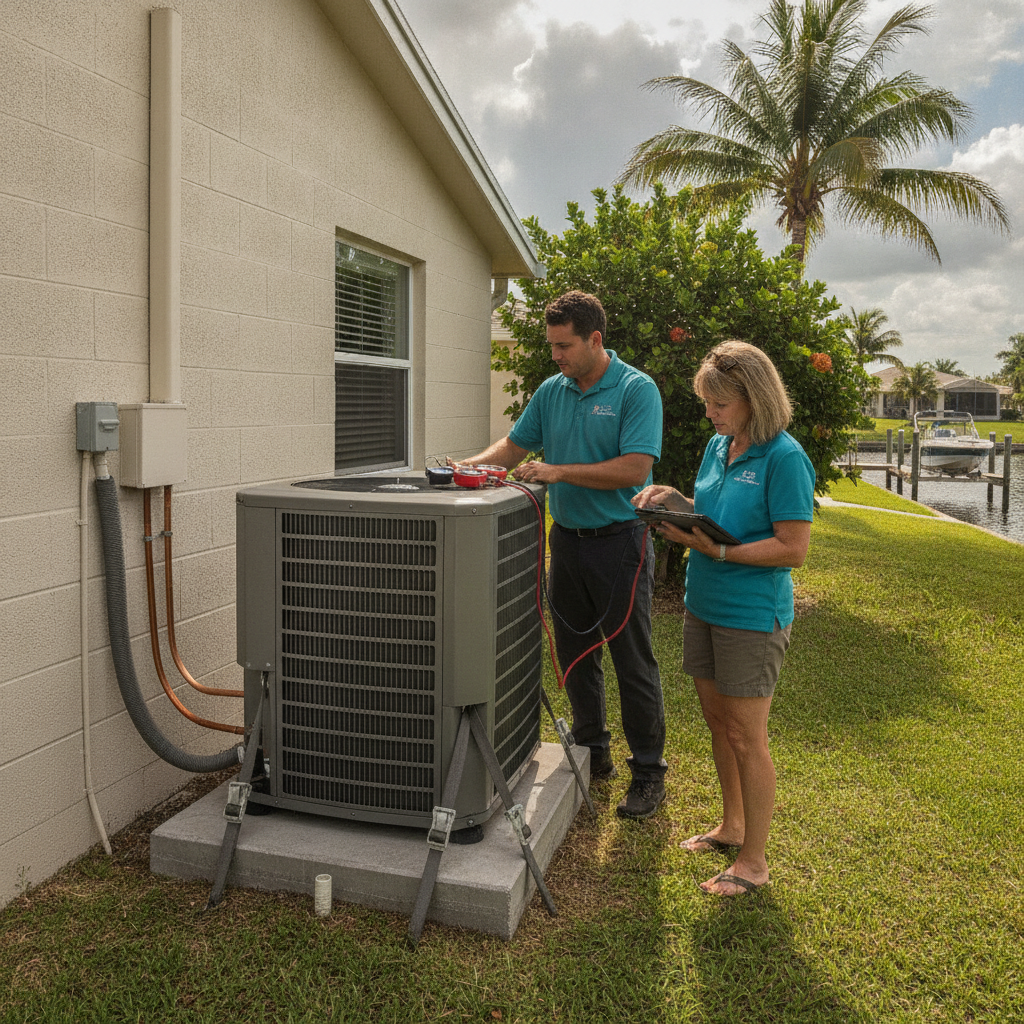 Englewood homeowner on a lanai reviewing an AC warranty packet beside an outdoor condenser