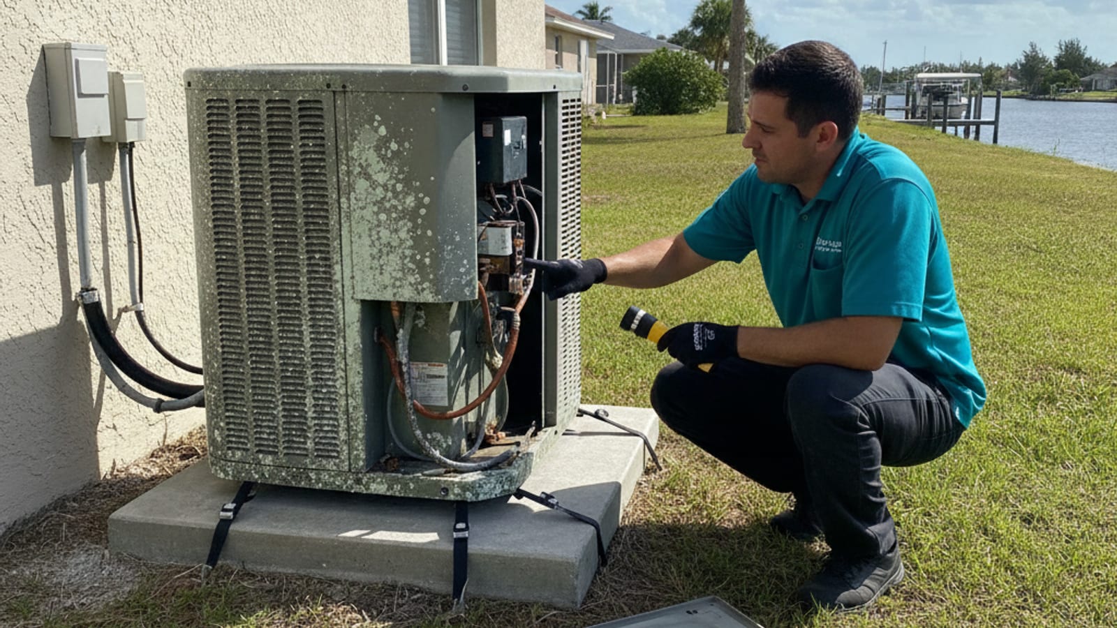 An HVAC technician in a storm teal uniform diagnosing an air conditioner unit at an Osprey home