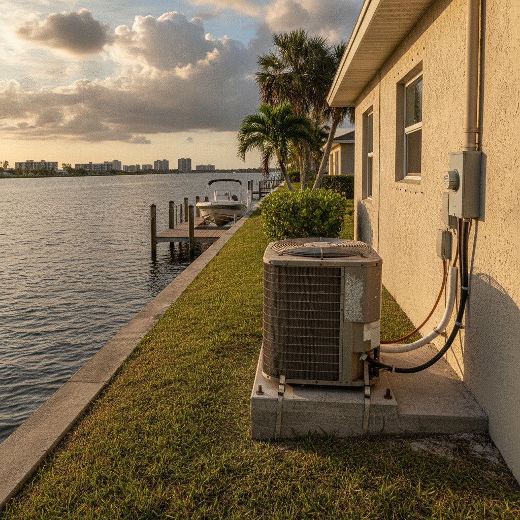 Canal-front Punta Gorda ranch with a weathered AC condenser on a raised pad by the seawall