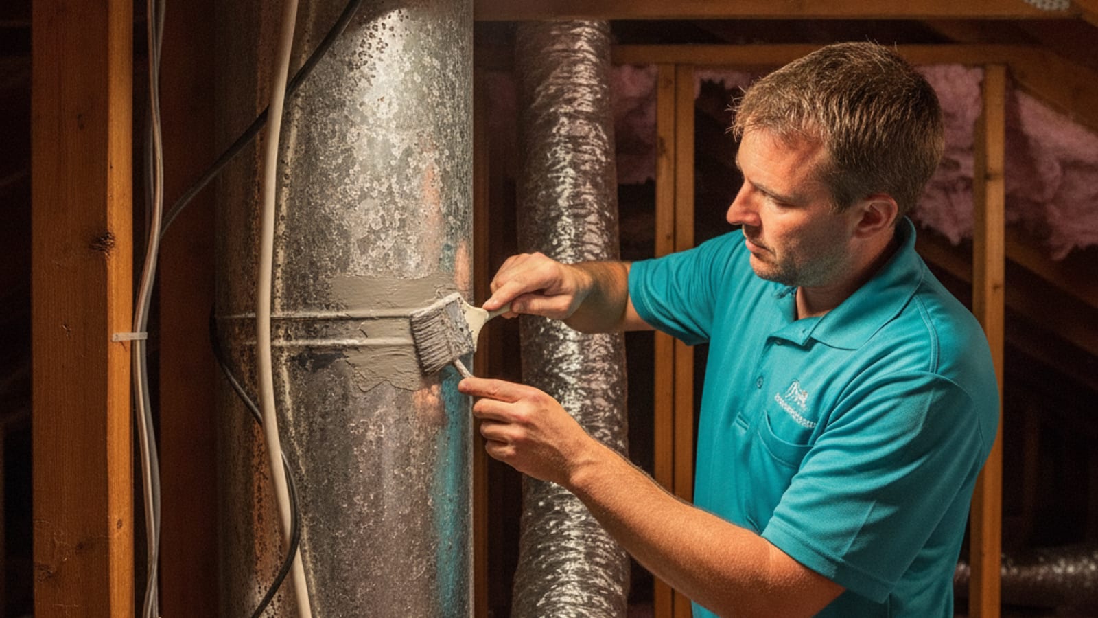 HVAC technician in storm teal uniform sealing a leaking duct joint in a Venice attic, salt-air corrosion visible on ductwork