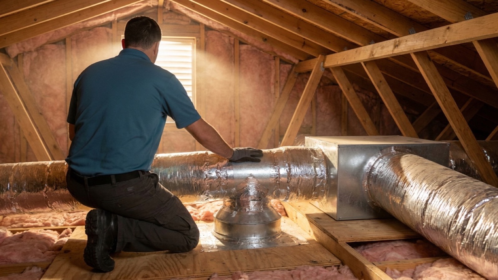 HVAC technician kneeling in the attic of an Englewood home with his back to the camera, one gloved hand resting on the taped collar where an insulated silver flex duct meets a round sheet-metal boot, a second flex run and a metal supply plenum behind him, fiberglass batt insulation between the ceiling joists, and hazy afternoon light coming through a gable vent