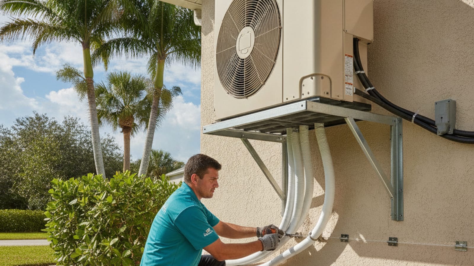 Outdoor mini split compressor with multiple refrigerant line sets running to indoor units on an Englewood home exterior