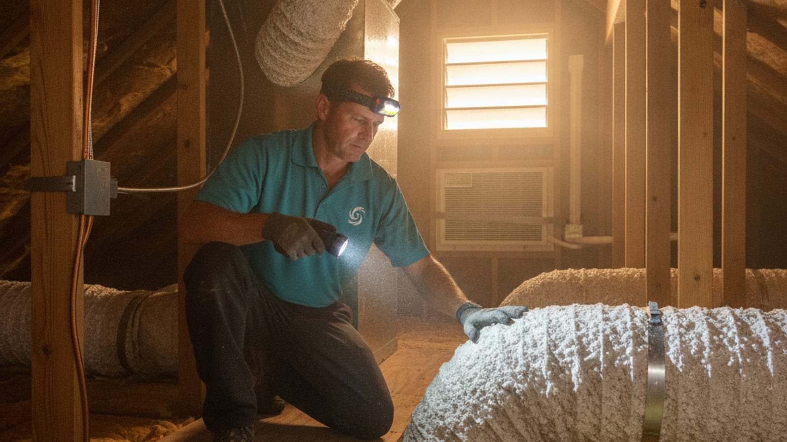 Ductwork inside an attic of a Boca Grande barrier island home being inspected for salt corrosion and moisture
