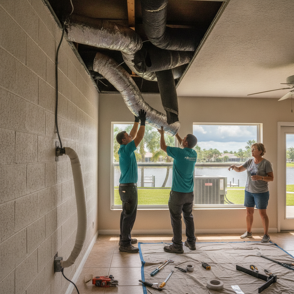 Old flexible attic ductwork in an Englewood home being checked for full replacement