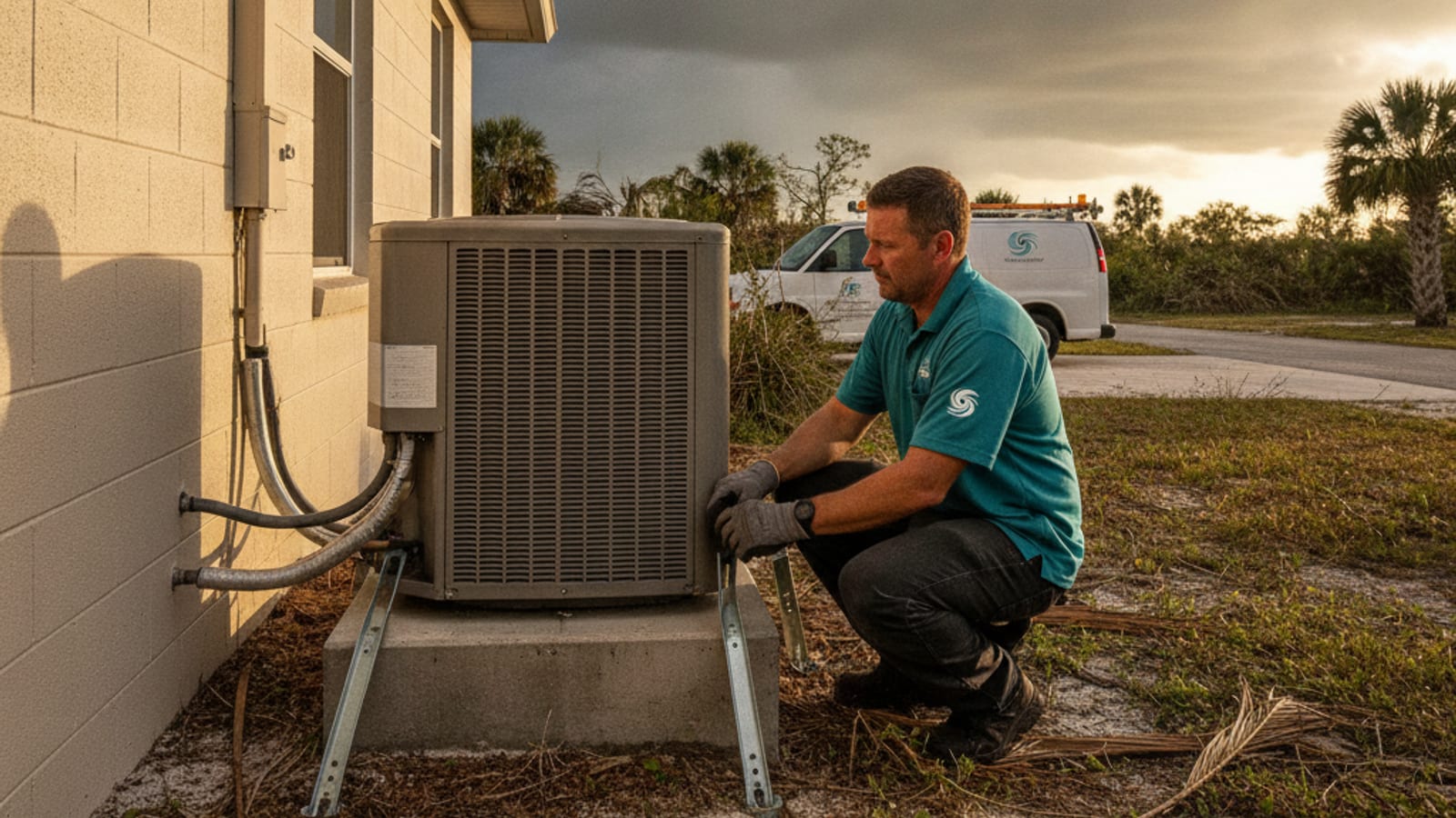A homeowner inspecting an outdoor AC condenser after a storm in Charlotte County Florida