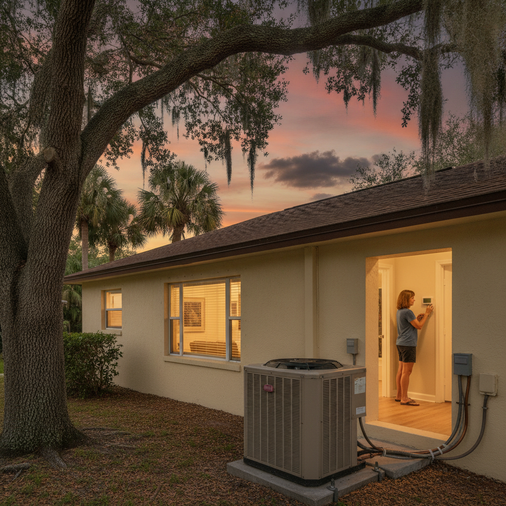 Nokomis ranch at dusk with hallway lights on and an idle outdoor AC condenser under live oaks