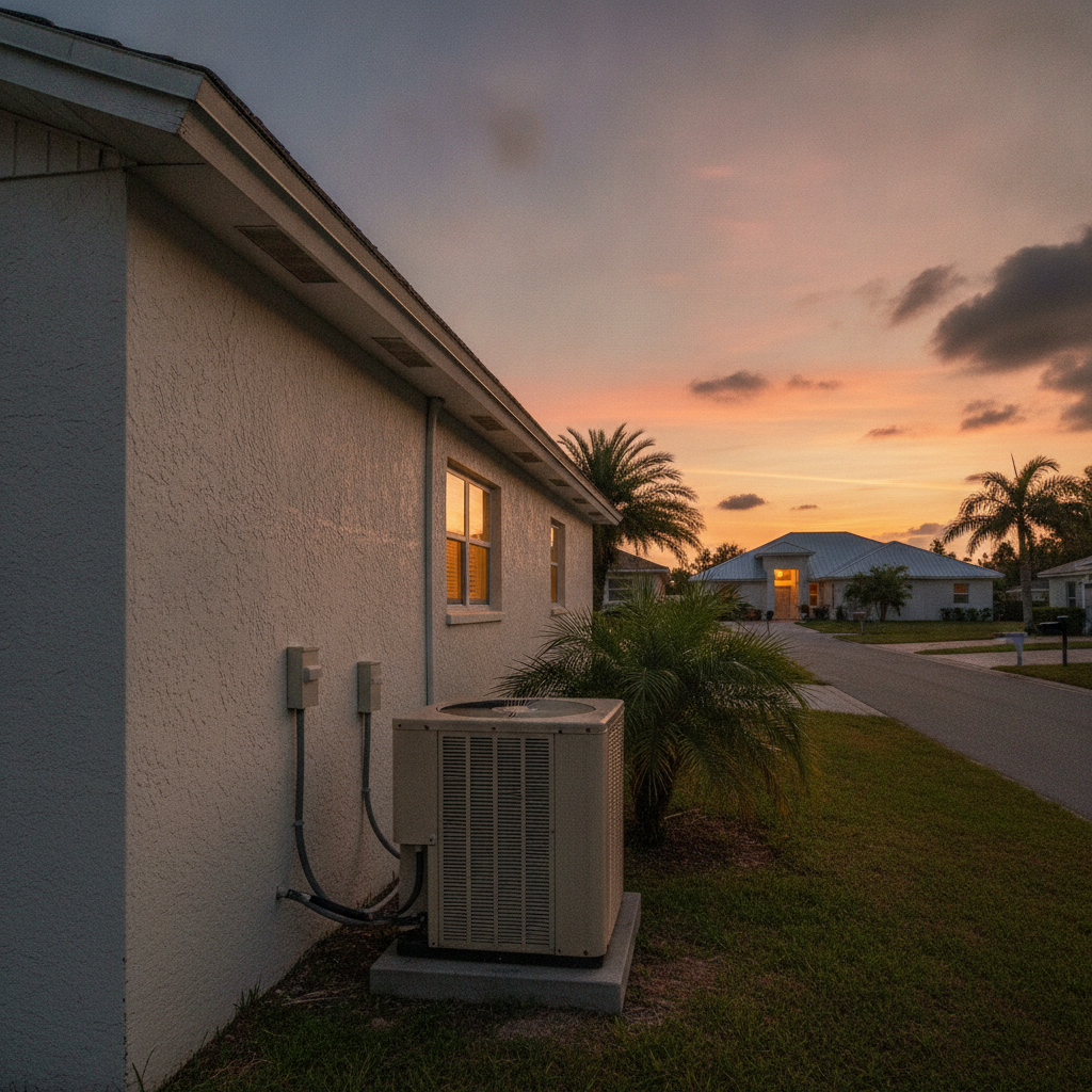 Dusk at a 1980s North Port stucco house with interior lights on and an idle AC condenser beside palmettos