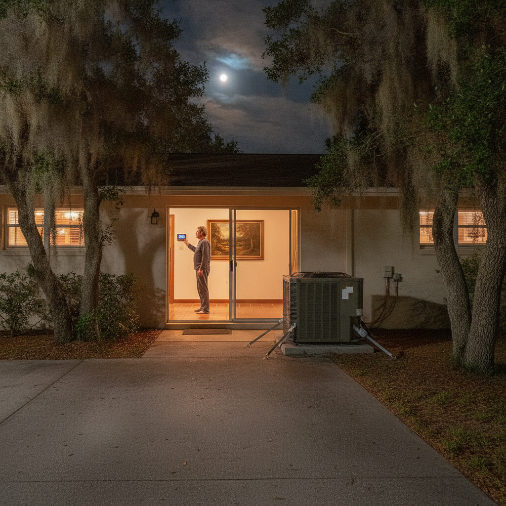 Osprey ranch at night with hallway lights on and an idle AC condenser under live oaks