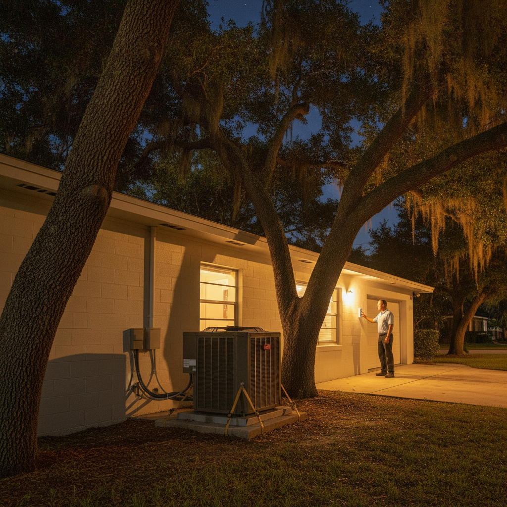 Night in Venice, Florida: a ranch house with lights on and a silent outdoor AC unit in the side yard