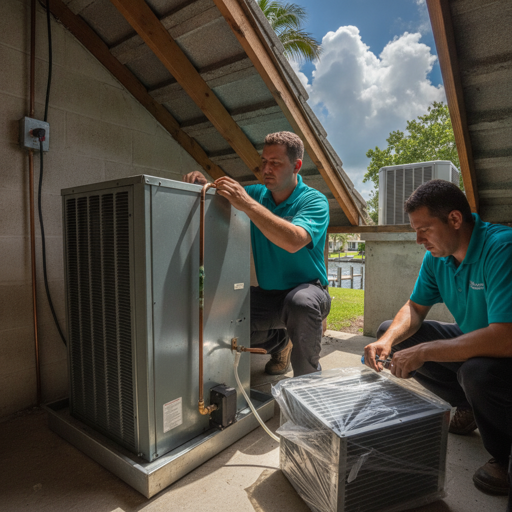 Open indoor air handler in a southwest Florida closet, showing a frosted evaporator coil and drain pan