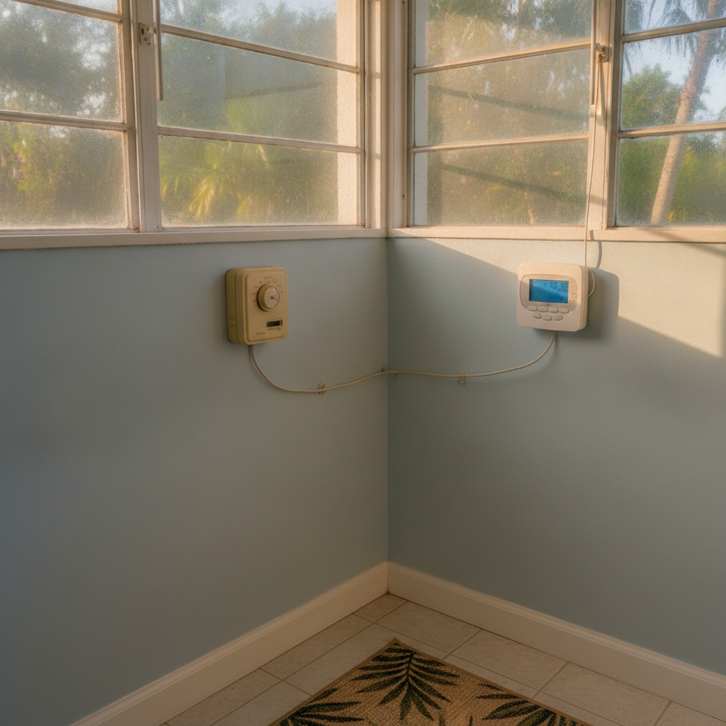 Two wall thermostats in an Englewood, Florida cottage hallway, one older beige unit and one newer programmable, with Florida light through jalousie glass