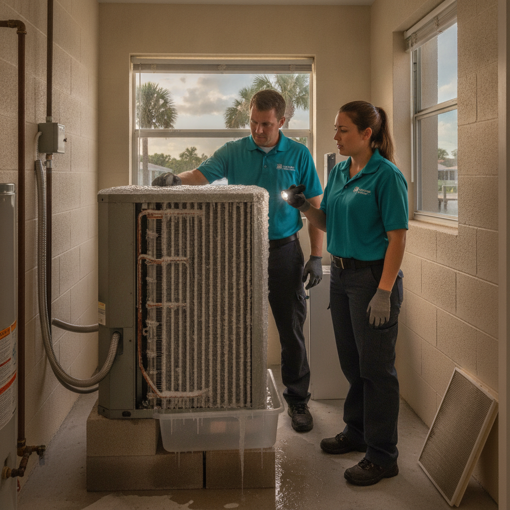 Ice on the copper suction line at an indoor air handler in an Englewood home