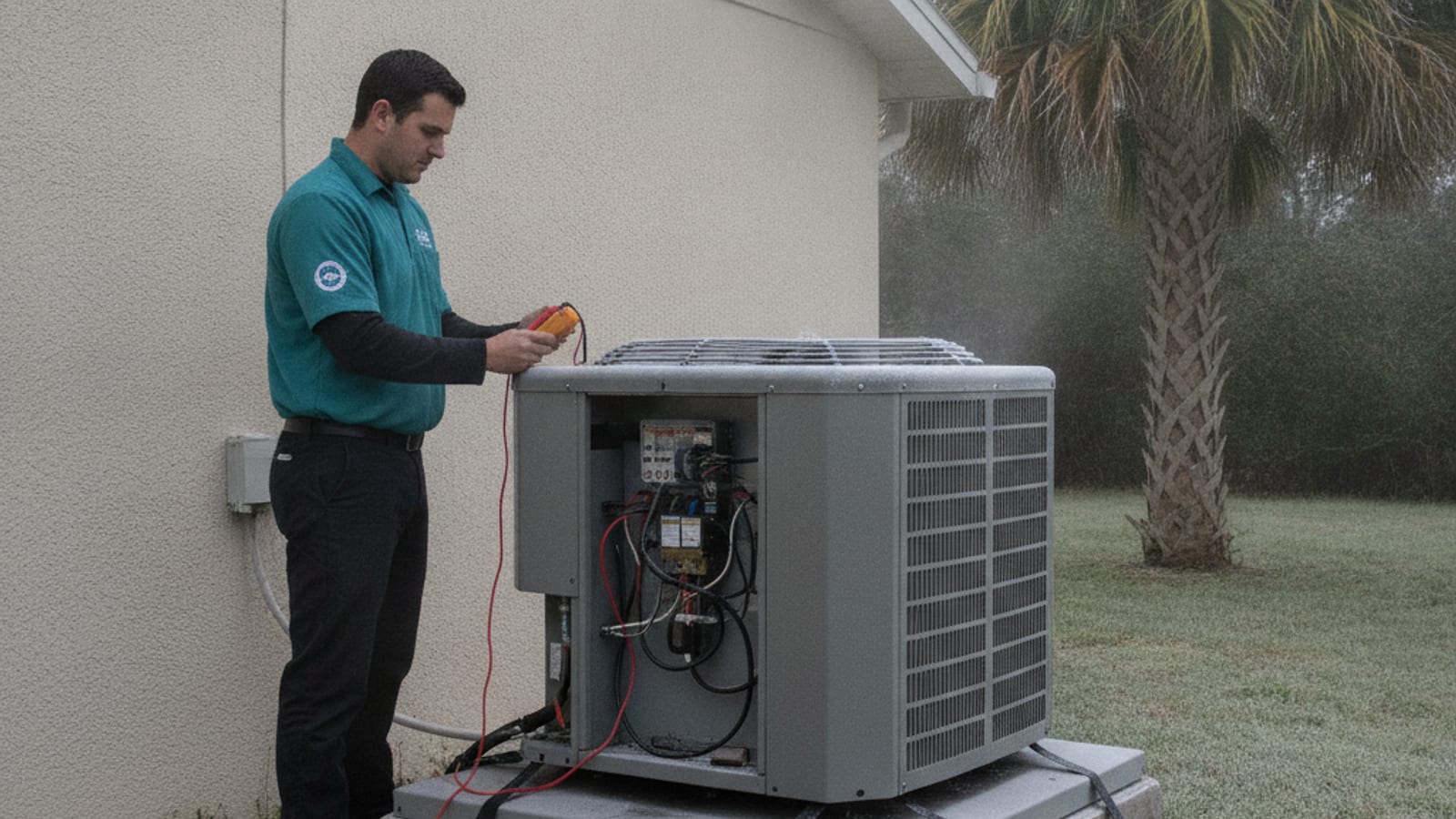 HVAC technician in storm teal uniform inspecting a heat pump outdoor unit's heating mode operation on a cold morning