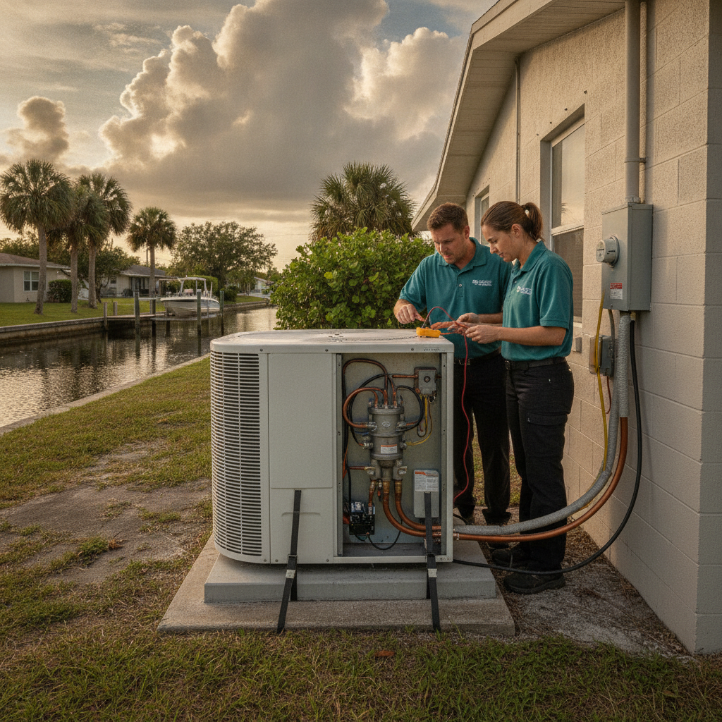 Homeowner standing by a heat pump outdoor unit on a cool morning in Englewood, Florida