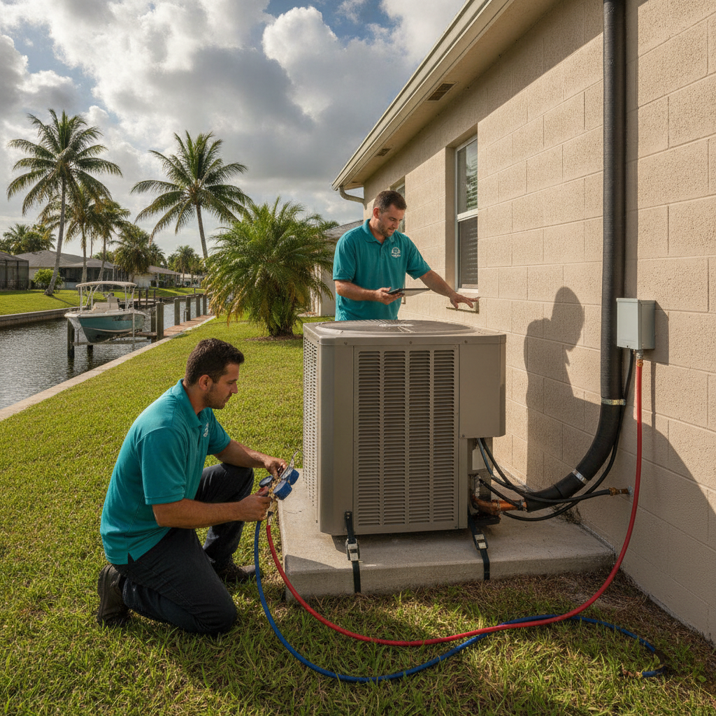 Outdoor heat pump condenser beside a Gulf-coast house in Englewood, Florida, with salt haze on the coil fins