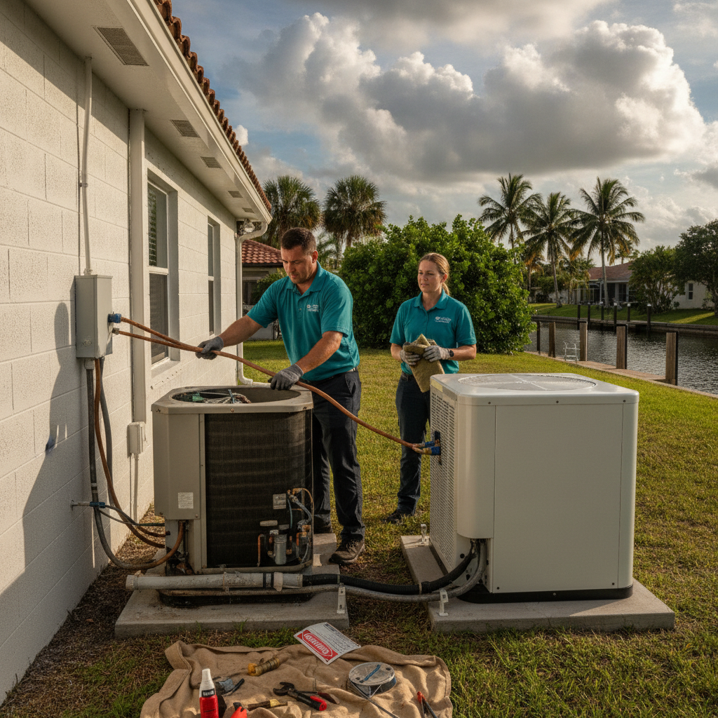 Outdoor heat pump condenser on a pad beside a slab-foundation home in Englewood, Florida