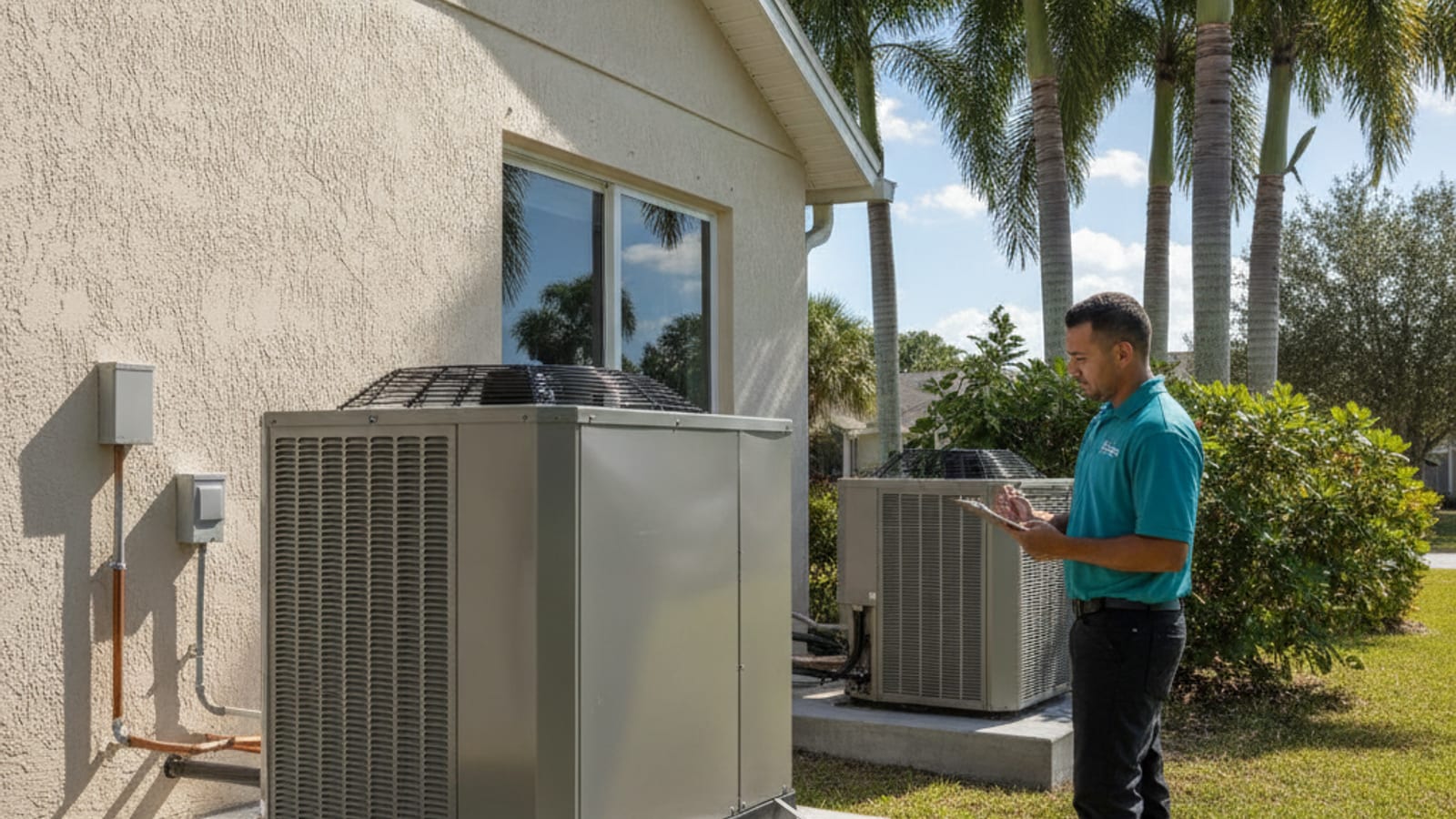 An outdoor heat pump condenser installed beside a Gulf coast Florida home