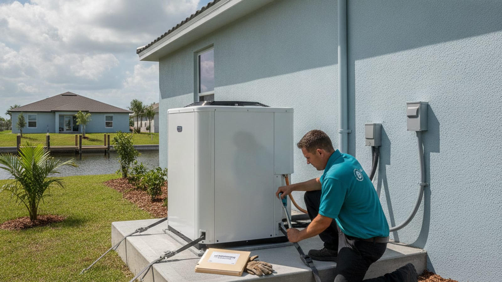 A new outdoor AC condenser installed beside a Gulf coast Florida ranch home after storm repairs