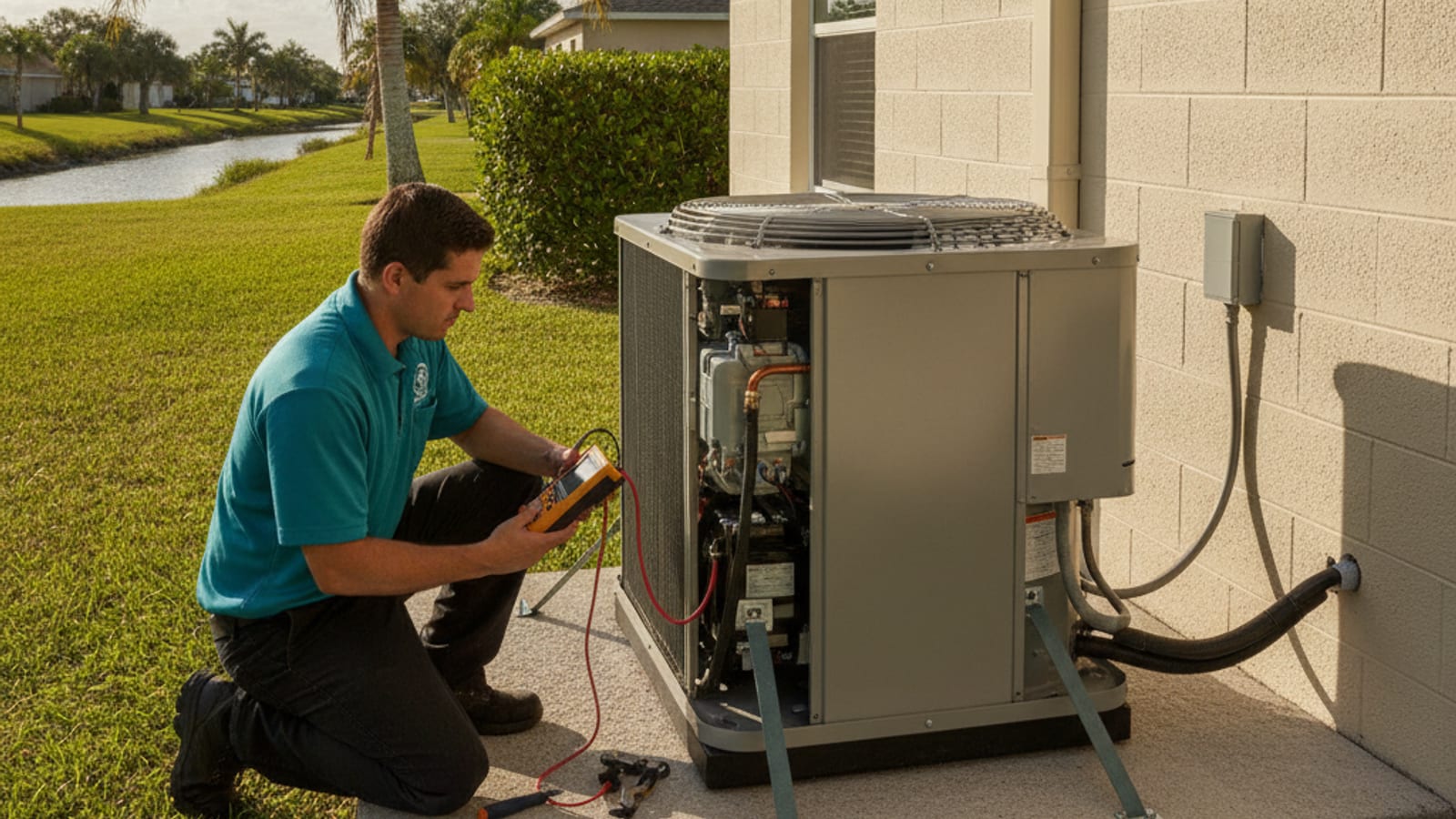 HVAC technician in a storm teal uniform diagnosing a compressor issue at an outdoor unit in Englewood