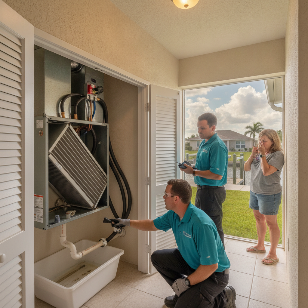 Closet air handler in a southwest Florida home where a wet coil and drain pan send a musty smell through the vents