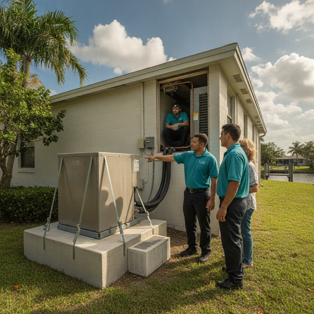 Package HVAC cabinet on a concrete pad beside a slab ranch home in Englewood, Florida