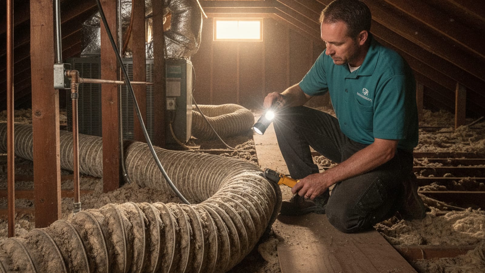 A technician kneeling in an attic with a flashlight and cutting tool, inspecting insulated flexible ductwork in an Englewood-area home