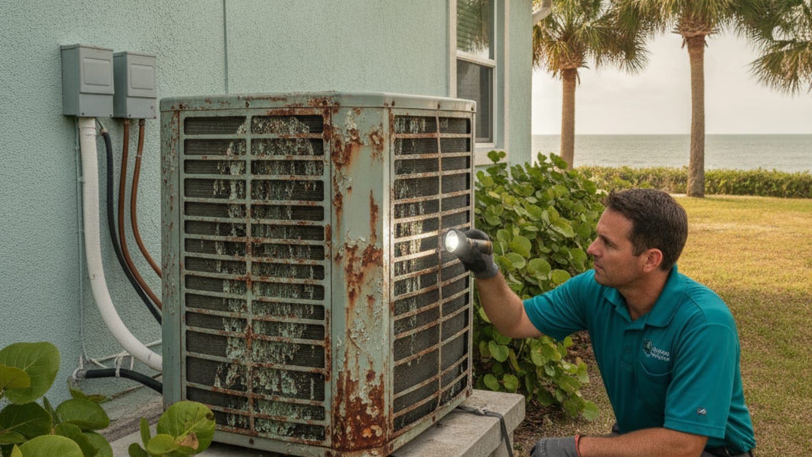 An outdoor AC condenser with a protective coated coil installed near a Gulf coast barrier island home
