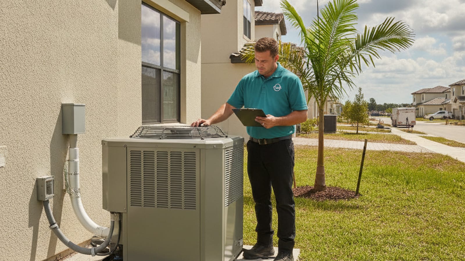A new construction home with a heat pump condenser installed in Wellen Park Florida