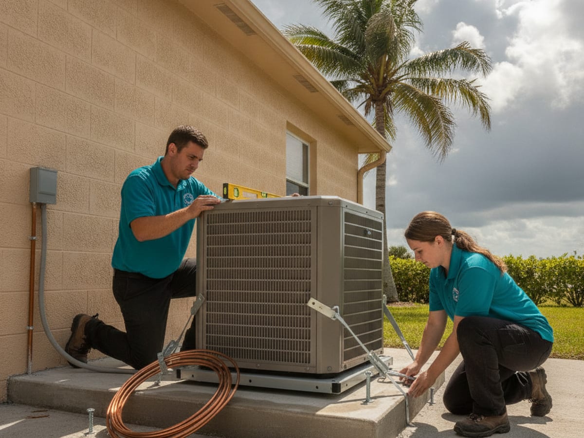 Licensed HVAC technician servicing an air conditioning system in an Englewood home