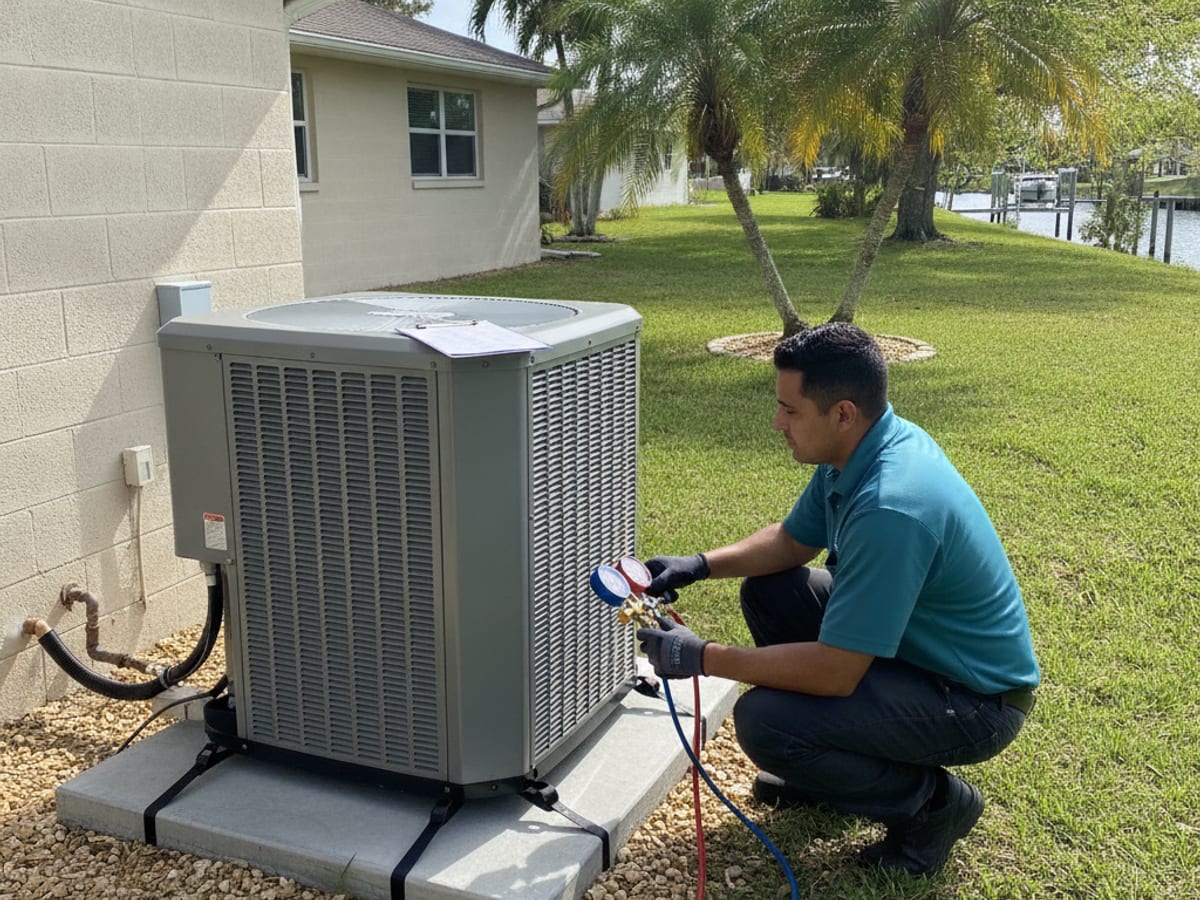 Technician washing an outdoor AC condenser coil during a spring tune-up in Englewood