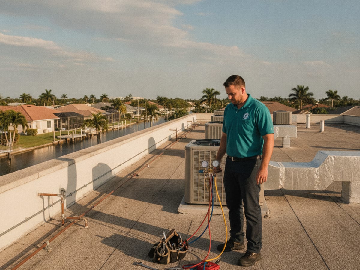 Rooftop HVAC unit being serviced on a commercial building in Englewood