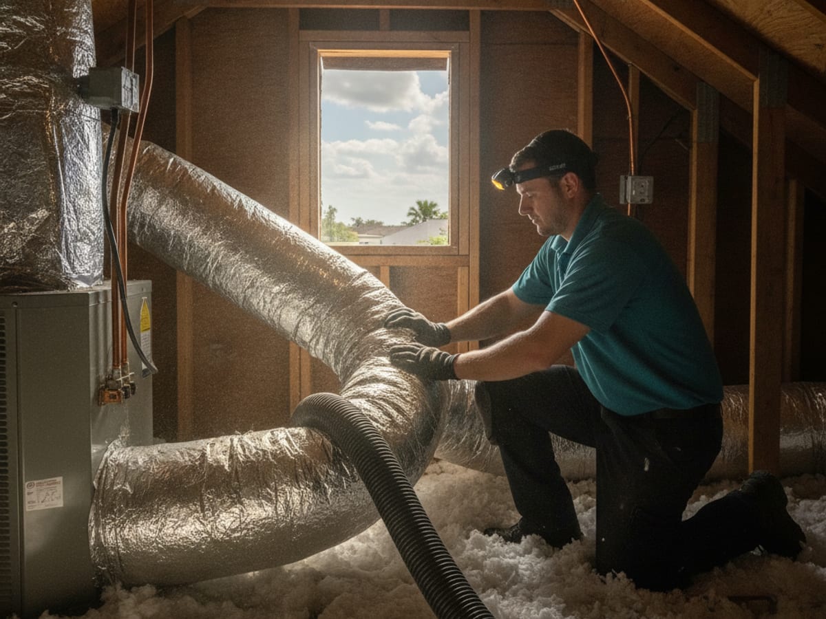 Technician running a duct cleaning hose into a ceiling register in an Englewood home